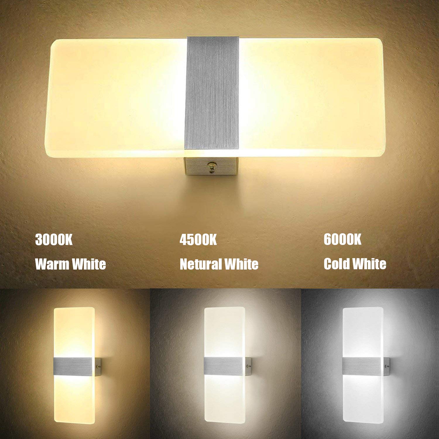 OOWOLF 6W LED Wall Lights Indoor Living Room Wall Lamp Modern Acrylic Decorative Wall Lighting for Bedroom Kitchen Pathway Corridor Stairs Balcony Bedside, 3 Color Temperature
